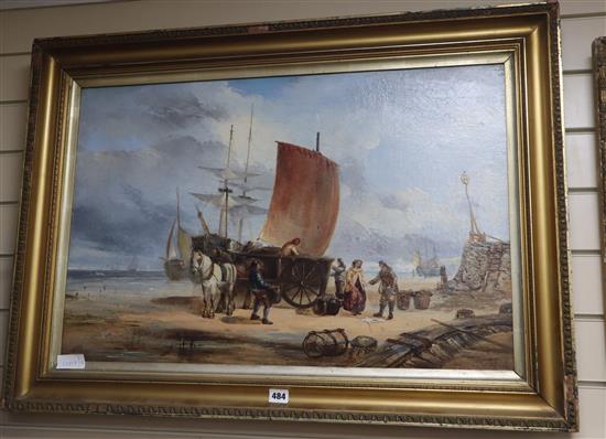 19th century English School, oil on canvas, Fisherfolk unloading the catch, 50 x 75cm